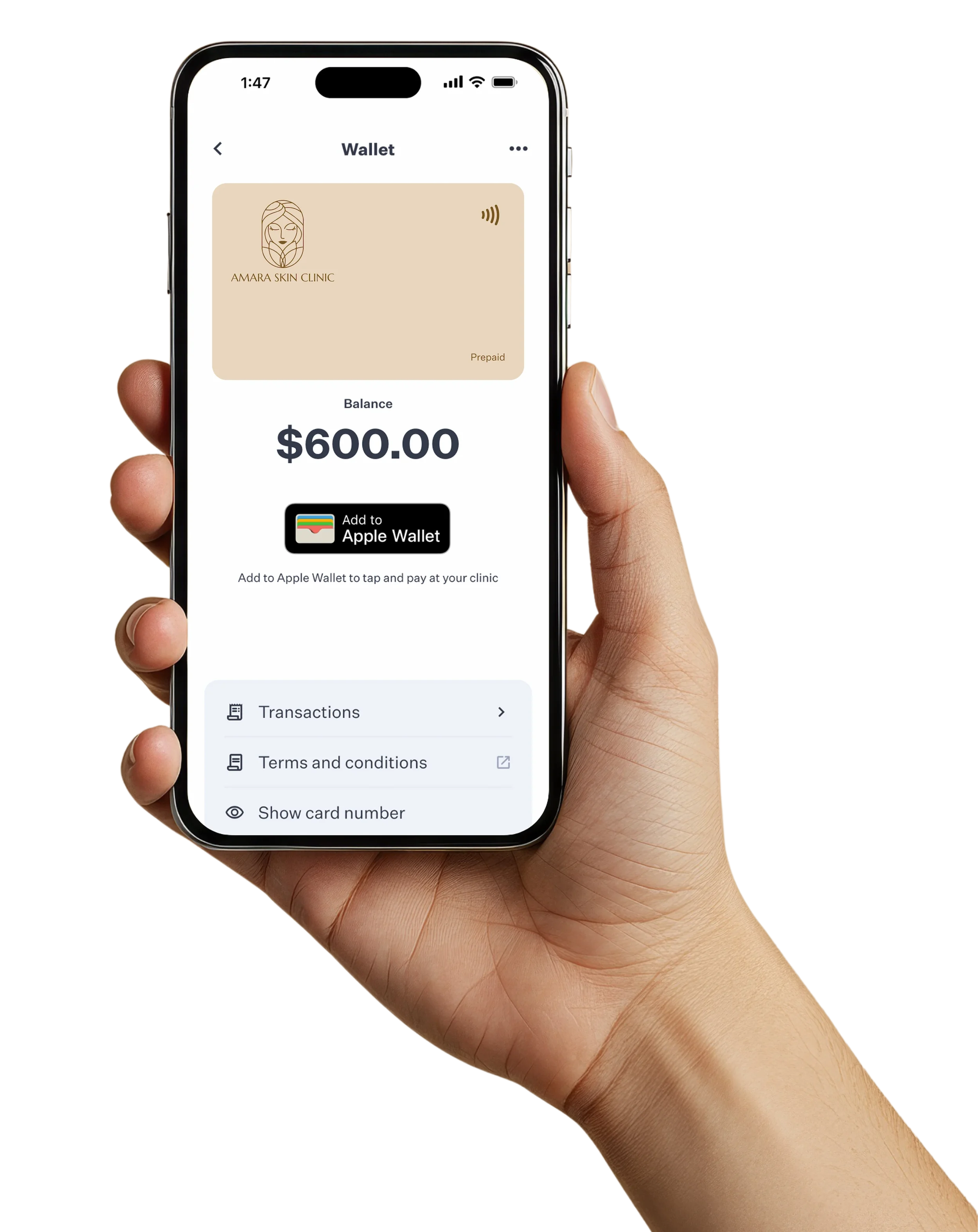 Amara Skin Clinic Aglow Treatment Wallet displayed on a smartphone