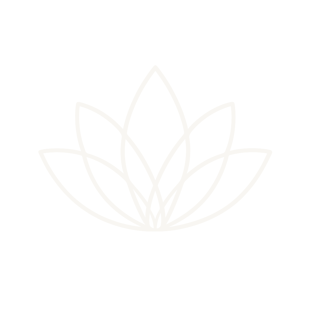 A minimalist line drawing of a lotus flower in white on a black background.