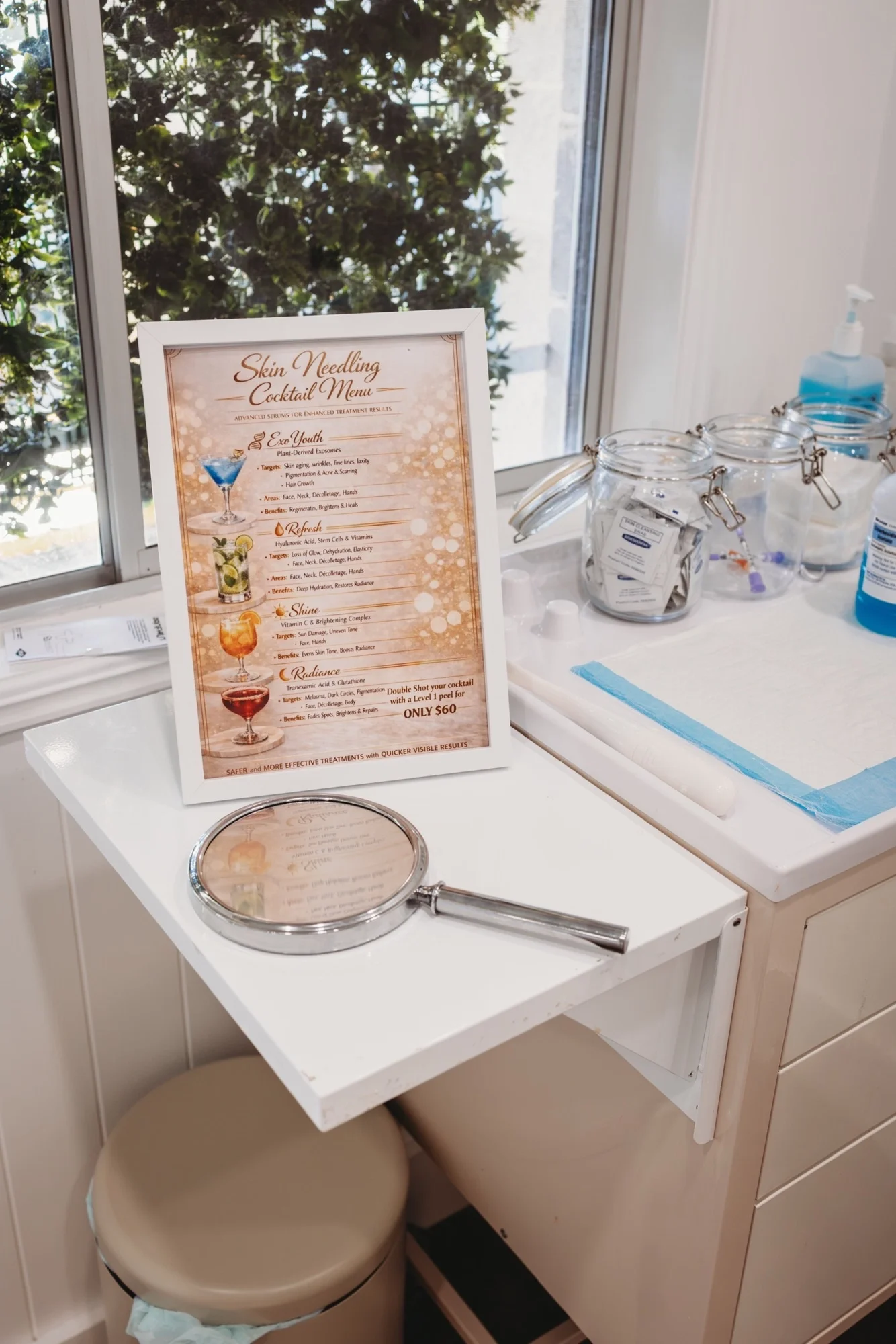 Skin Needling Cocktail Menu displayed in the Amara Skin Clinic treatment room