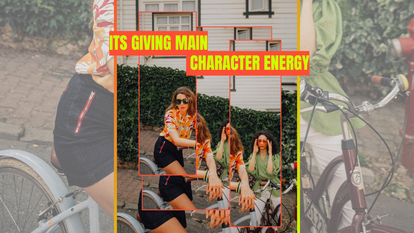 Multiple women riding bikes outdoors, with text overlay reading 'ITS GIVING MAIN CHARACTER ENERGY'.