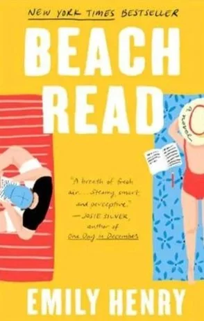 Book cover for 'Beach Read' by Emily Henry, featuring yellow, blue, and red colors, with illustrations of a person reading on a beach and a corkscrew.