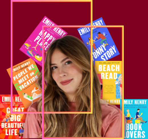 A image of romance author Emily Henry with her book cover surrounding her.