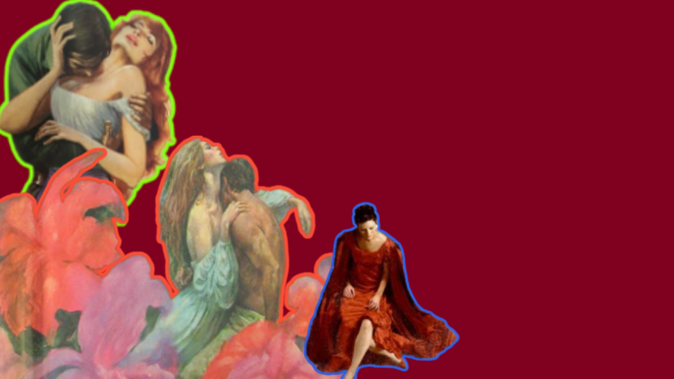 A collage of romantic illustrations of couples, with one woman dressed in red sitting on the ground, set against a dark red background.