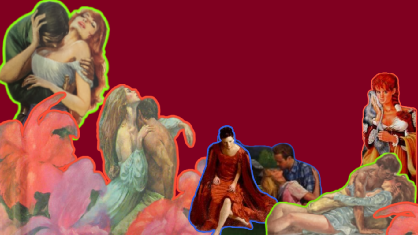 A collage of vintage romantic artwork with various couples in different intimate and emotional scenes, outlined in bright colors, set against a dark red background.