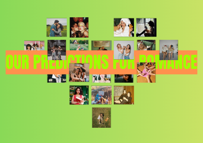 A heart-shaped collage of various photos of people, with green text overlay reading 'OUR PREDICTIONS FOR ROMANCE' on a pink background.