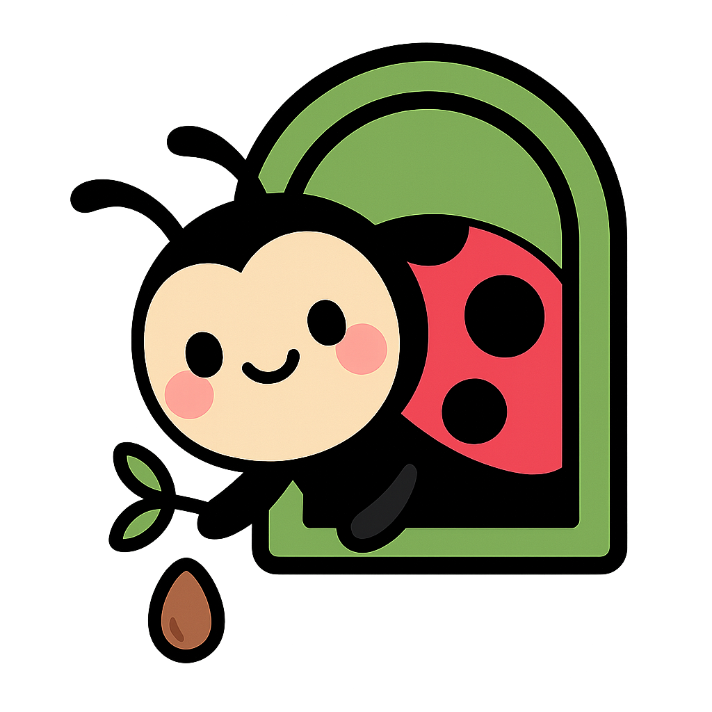 Cute cartoon ladybug with a smiling face, pink cheeks, and black antennae, sitting beside a green-framed window with red and black ladybug spots, a small leaf, and a brown raindrop.