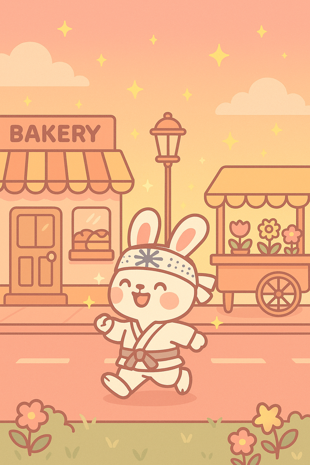 Cute cartoon rabbit dressed as a martial artist running past a bakery and flower cart under a pastel sky with clouds and stars.