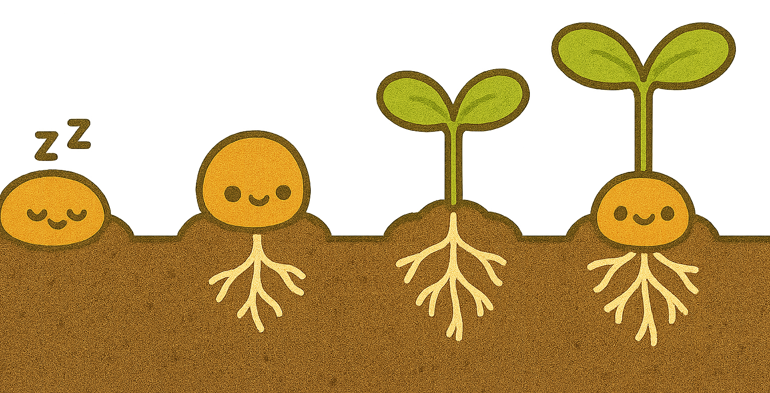 Cute illustration of soil particles and growing plants with happy faces. The first soil particle appears to be sleeping, the second has sprouted, and the third shows a plant with two leaves.