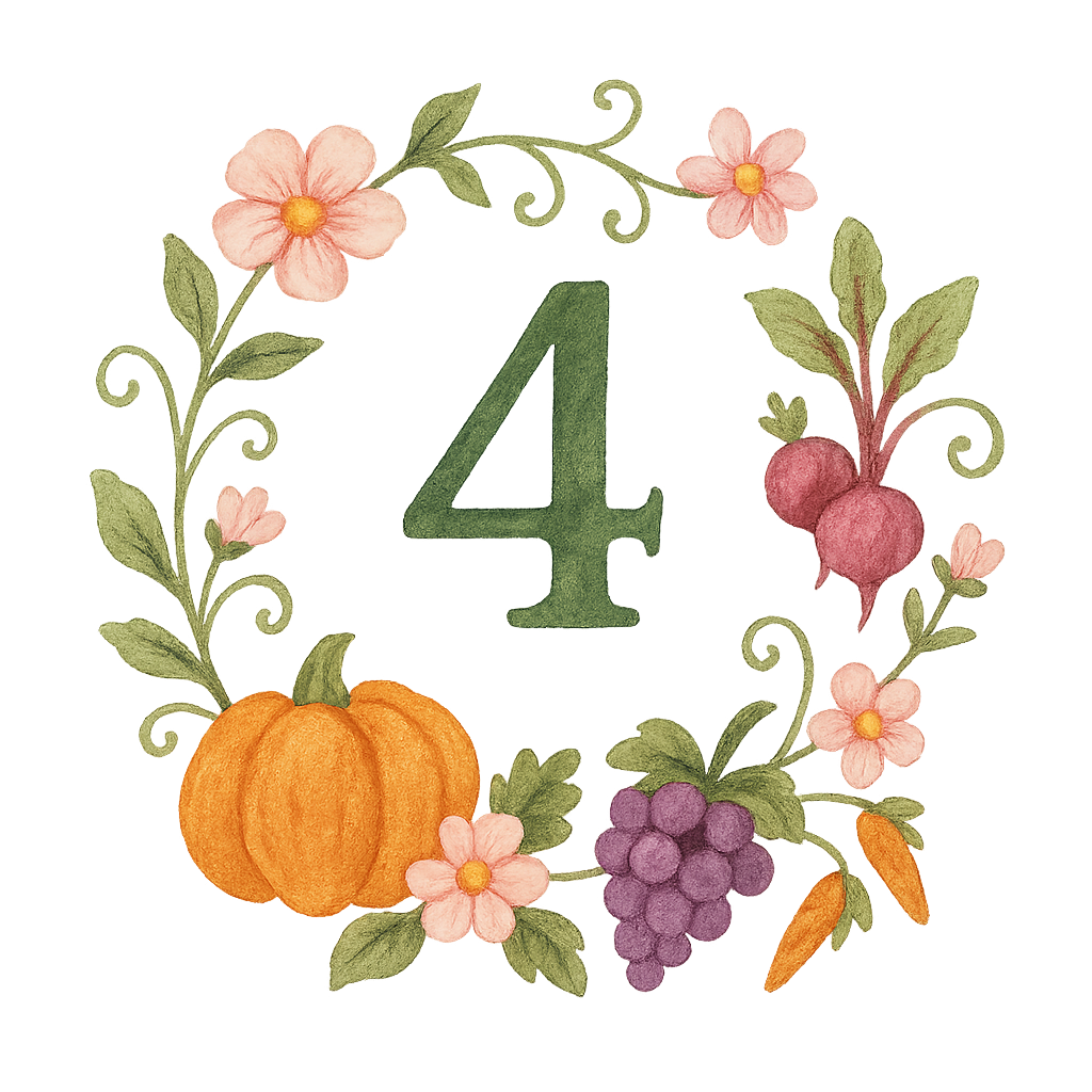 A decorative illustration featuring the number 4 surrounded by pumpkins, grapes, radishes, and pink flowers with green leaves.