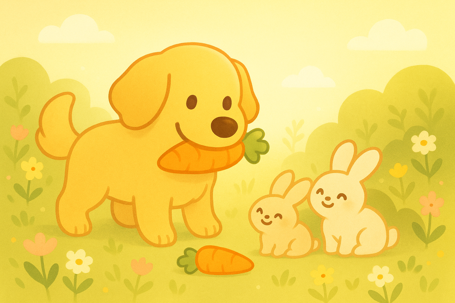 Cute illustrated scene of a happy yellow dog holding carrot in mouth and two happy white rabbits in a garden looking happy, sunny sky with clouds.