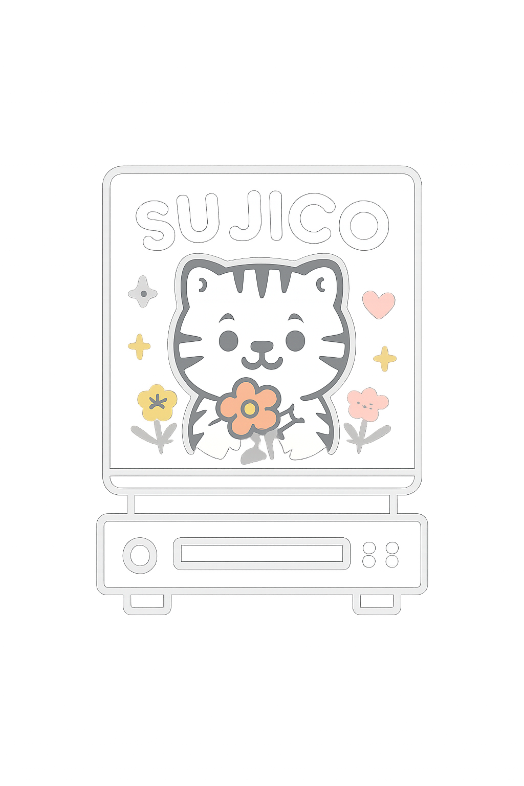 Digital illustration of a cute cartoon cat holding a flower inside a neon-lit vending machine labeled 'SUJICO,' with a colorful stage background.