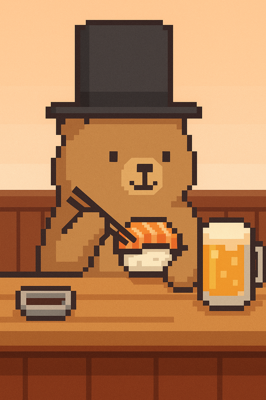 Civilized Bear in tophat eating Salmon Nigiri at Sushi Bar
