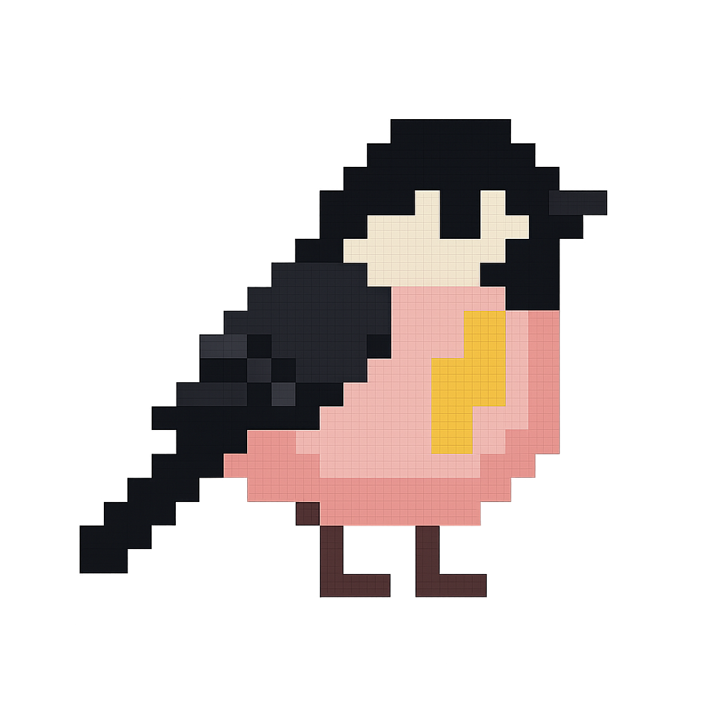Pixel art of chickadee, a pink belly, yellow lightning bolt on belly