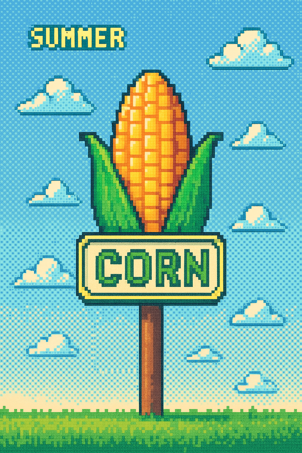 Pixel art illustration of a corn on a stalk with leaves, mounted on a sign with the word 'CORN' in pixel font, against a sky with clouds and the word 'SUMMER' in pixel font in the top left corner.
