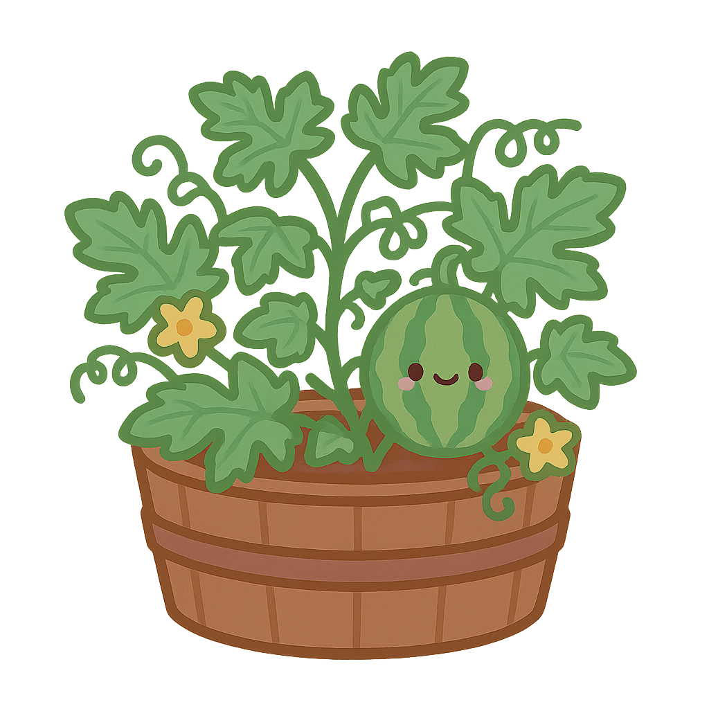 Cartoon watermelon plant in a brown pot with smiling watermelon, green leaves, and yellow flowers.
