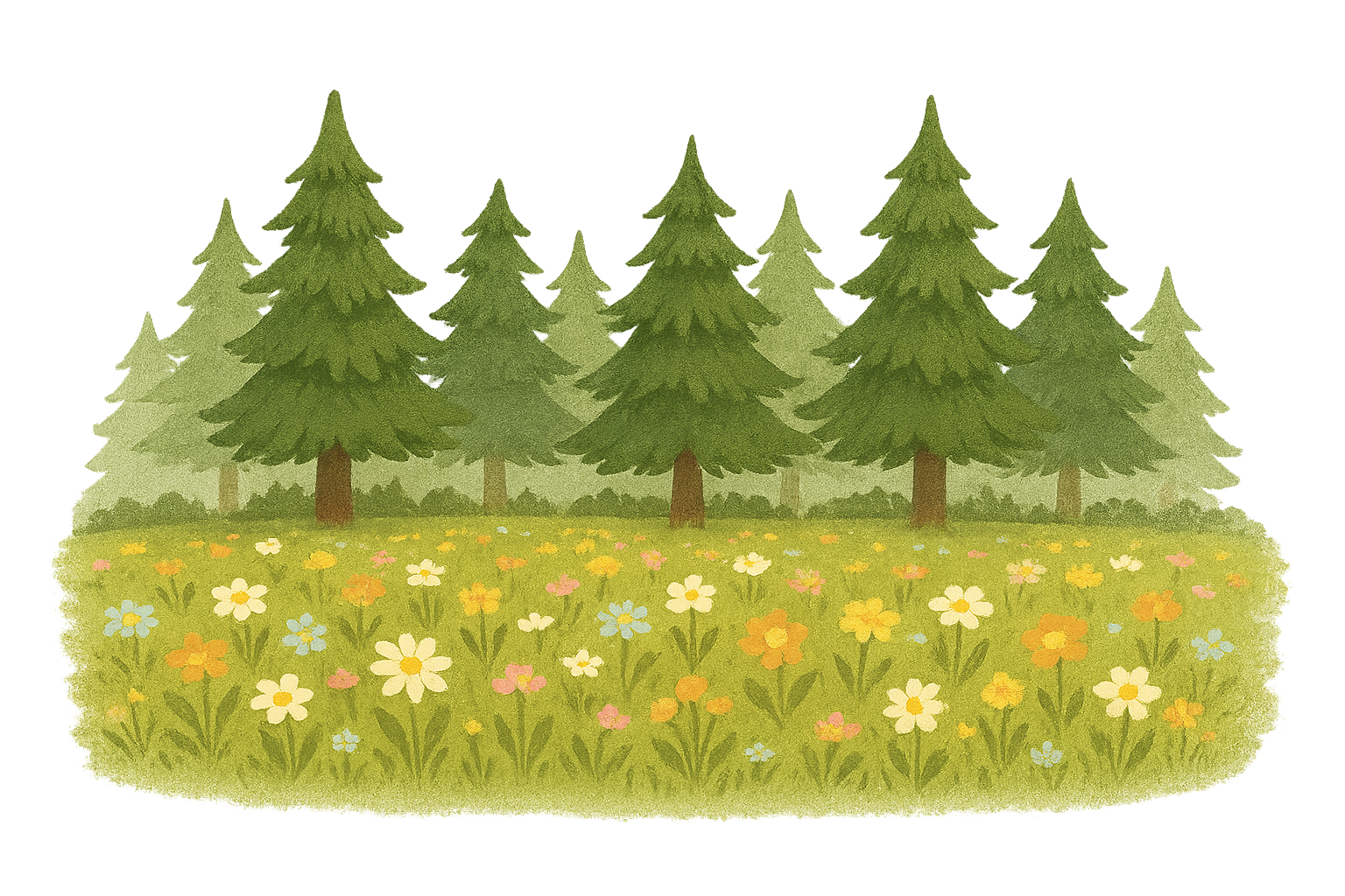 A digital illustration of a peaceful forest clearing with tall green pine trees and a colorful flower-covered meadow, under a vibrant and stylized sky with purple and blue hues.