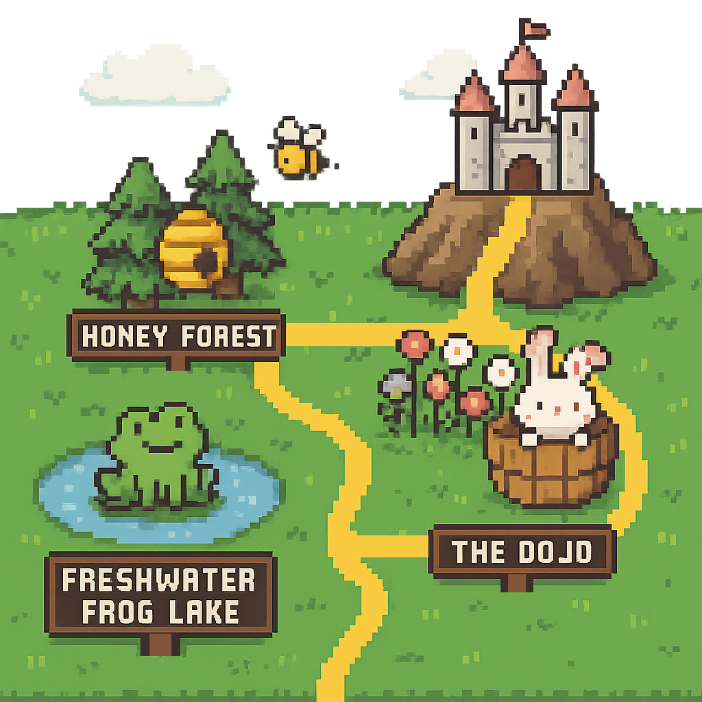 A pixel art map showing a castle on a hill, honey beehives in honey forest, a frog in Frog Lake, and a bunny in a nest labeled 'The Dojo'.