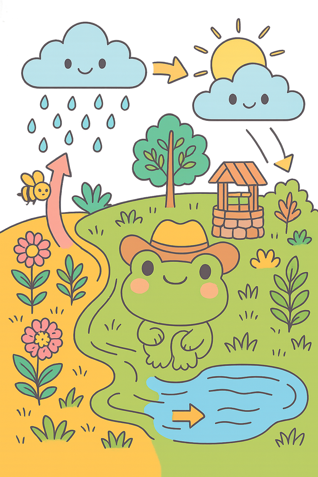 Cute cartoon style illustration of a frog wearing a straw hat sitting by a pond, with a tree, flowers, and a well in the background. A happy cloud with rain and a happy sun are in the sky, with arrows indicating weather changes.