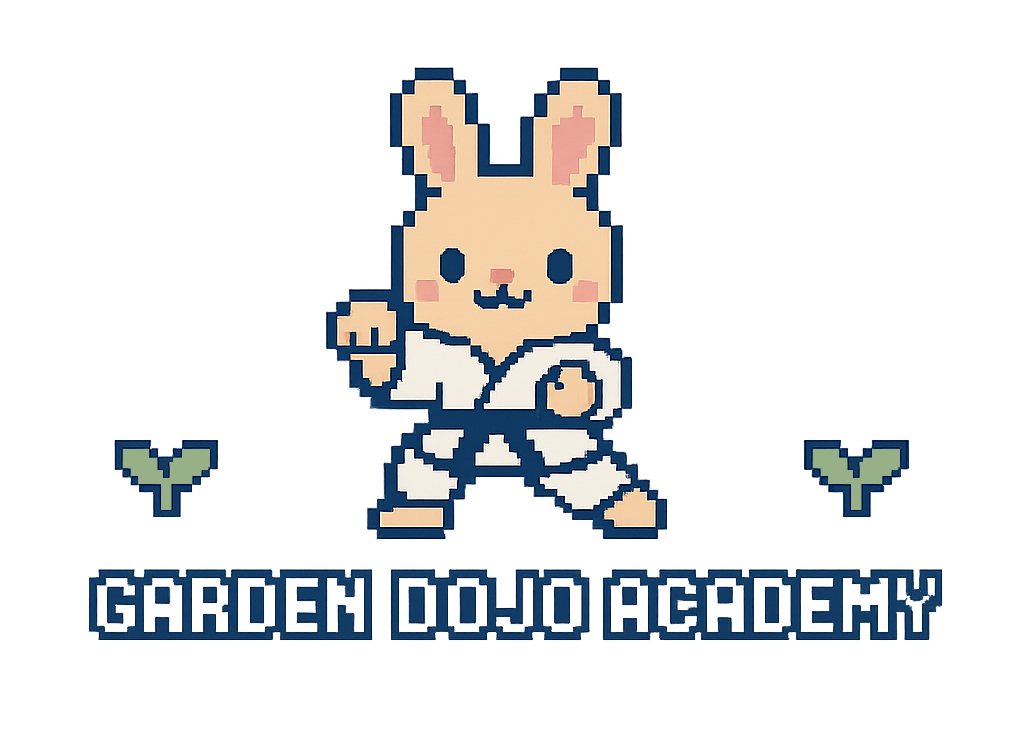 Pixel art bunny character in a karate uniform, standing in a fighting stance, with a sign reading "Garden Dojo Academy" underneath.