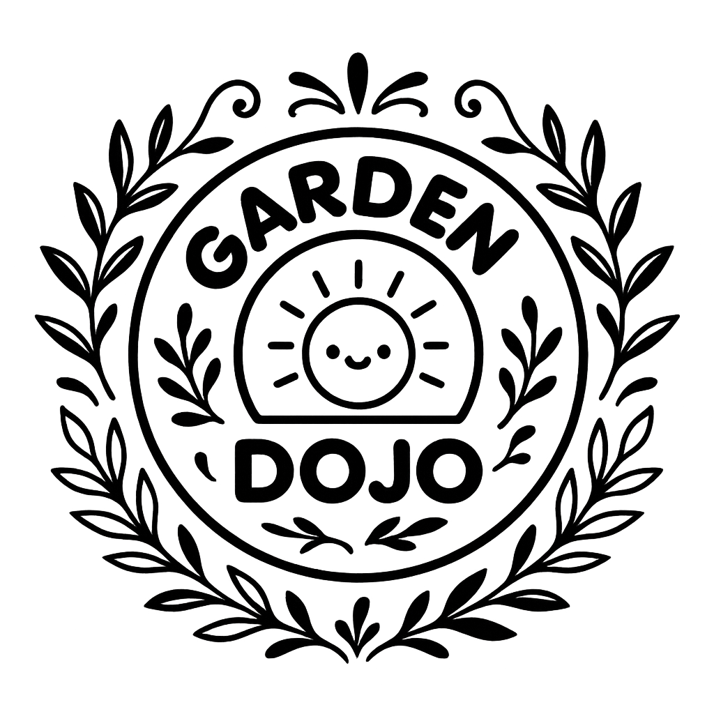 Logo with the words 'Garden Dojo' surrounded by a wreath, featuring a cute smiling sun with eyes in the center.