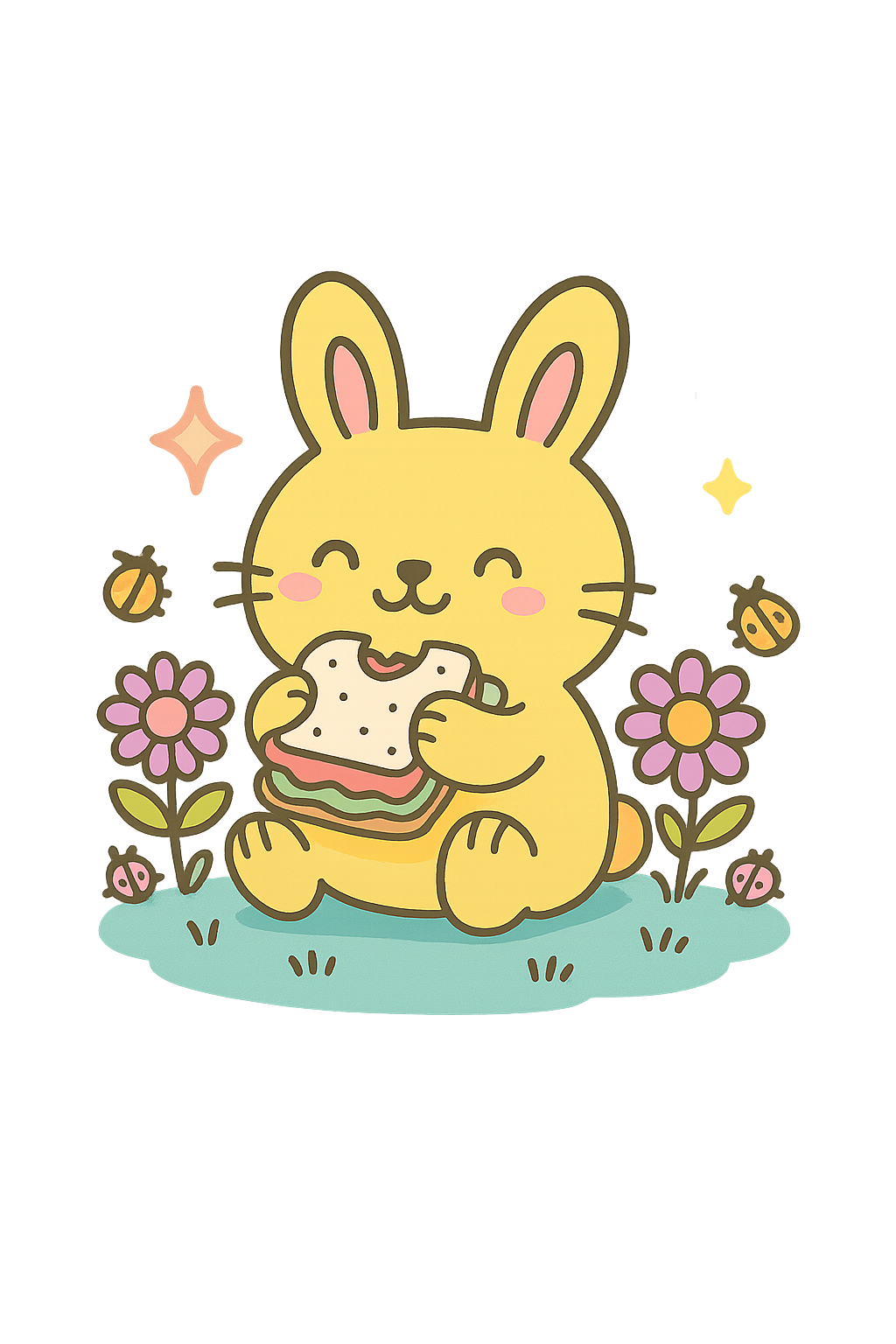 Cute illustration of a yellow bunny rabbit with pink cheeks, holding a sandwich, surrounded by pink flowers, ladybugs, and sparkles, on a grassy patch.