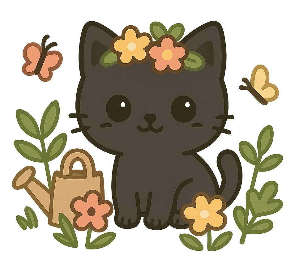 Cute black kitten with a flower crown, surrounded by flowers, two butterflies, a watering can, and green leaves on a transparent background.
