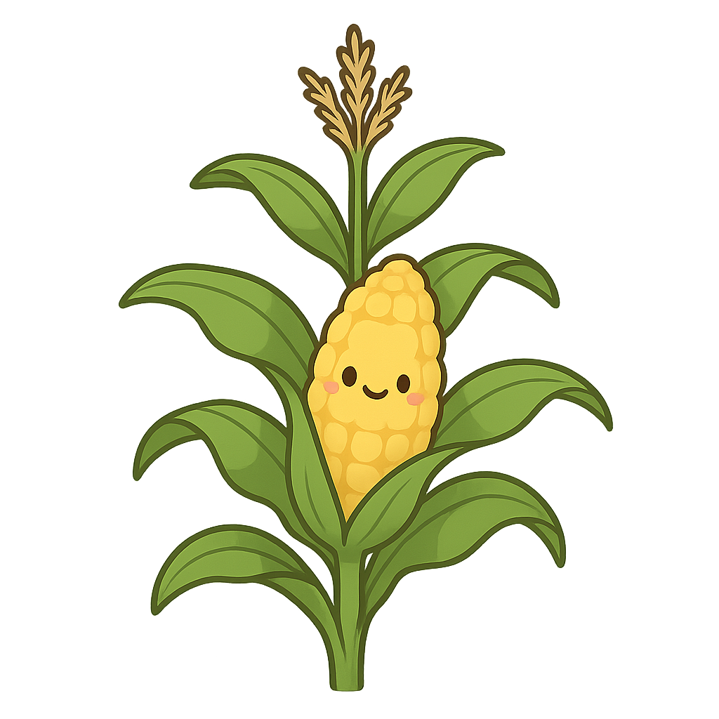 A cute cartoon smiling corn cob with a face, surrounded by green corn leaves and a small brown corn silk at the top.