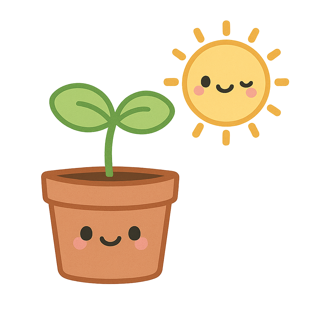 Cute illustrated sprouting plant in a flowerpot with a smiling face, next to a happy sun with a winking face, in a cartoon style.