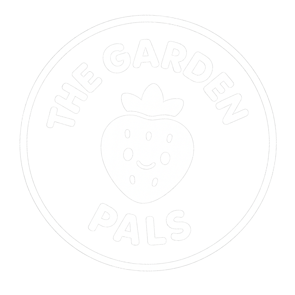 A circular logo with the phrase "The Garden Pals" around the top and "Pals" at the bottom, featuring a cute, smiling strawberry with a face in the center.