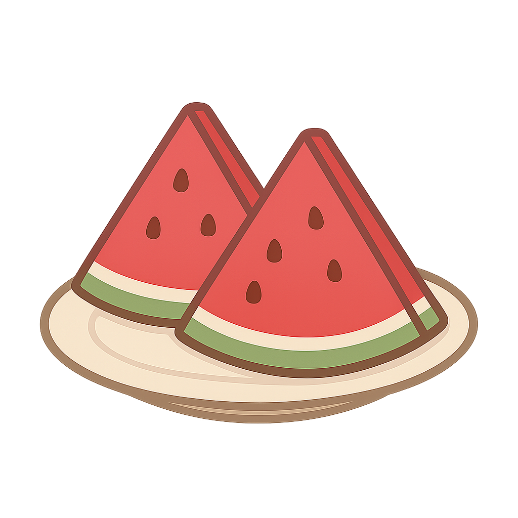 Illustration of two slices of watermelon on a white plate.