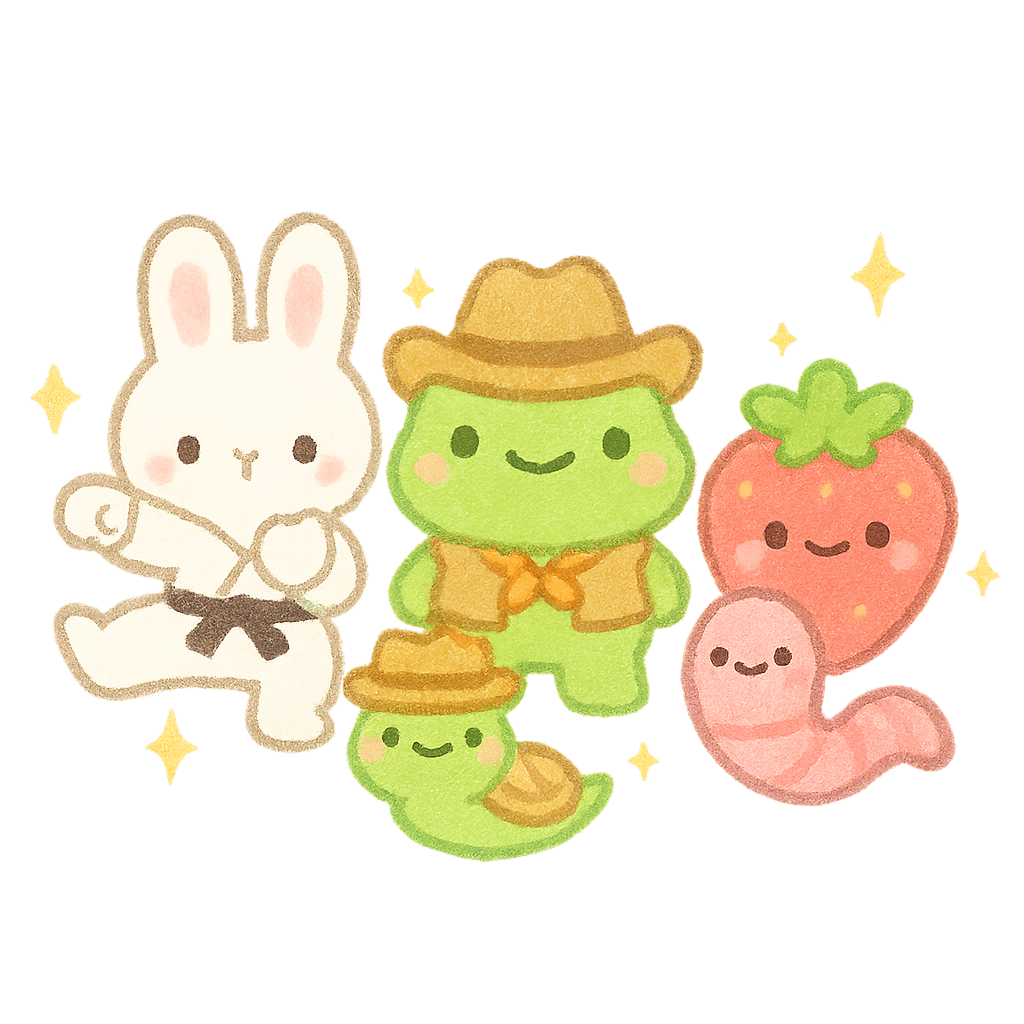 Cute cartoon characters including a white bunny with a black belt, a green creature with a cowboy hat and vest, a strawberry with a smiling face, and a pink worm with a smiling face, surrounded by small yellow stars.