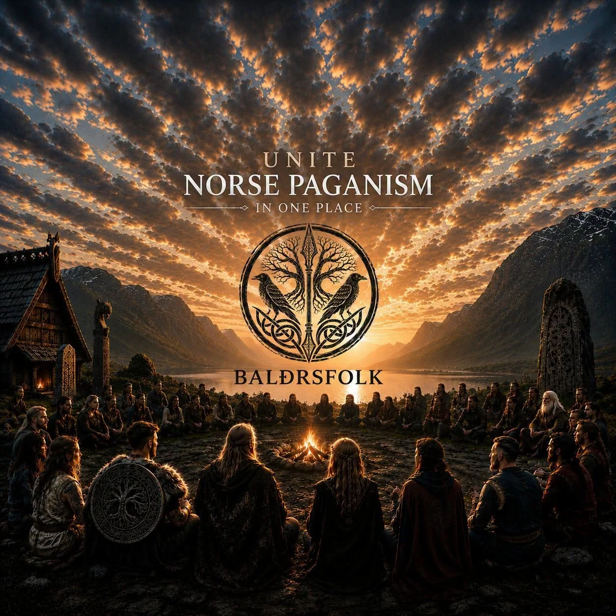 A group of people sitting in a circle around a campfire at sunset in a mountainous landscape, with texts about Norse paganism and Baldrsfolk, and a logo featuring two ravens and a tree.