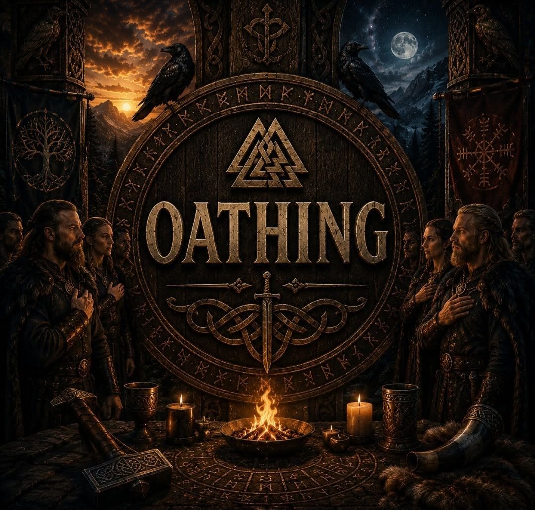 A Norse-themed scene with people dressed as Vikings gathered around a table with candles and a fire, with a large wooden shield bearing the word 'OATHING' and Norse symbols, during sunset and night skies.