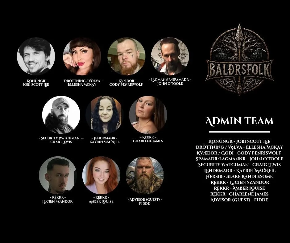Team roster graphic for Baldrsfolk featuring photos and names of team members including Konüng, Jobi Scott Lee, Dröttning, Vòlva, Ellesha McKay, Kvæþor, Cody Fenriswolf, Spàmadr, Lagmann, John O'Toole, Security Watchman Craig Lewis, Lêndmadr, Kayrin Macneil, Réðkr, Charlene James, Lucien Szandor, Amber Louise, Fidde, with a emblem logo.