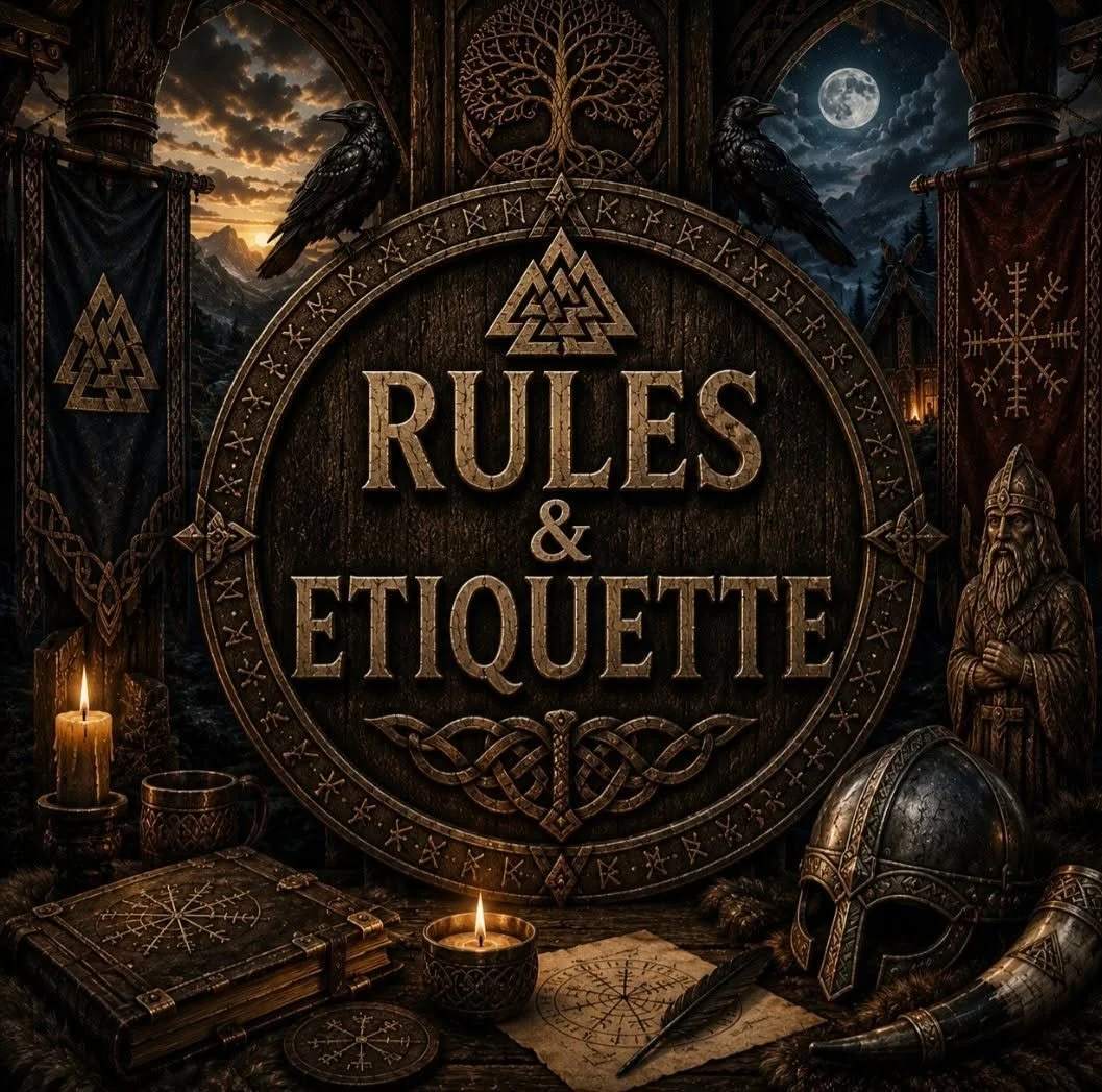 A Viking-themed setting with a large wooden sign that reads 'Rules & Etiquette' surrounded by Norse symbols and artifacts. The background features a mountain landscape during sunset and a moonlit night, with black ravens perched on top of the sign. The foreground displays candles, Viking helmet, shield, a Viking warrior figure, and rune-inscribed items.