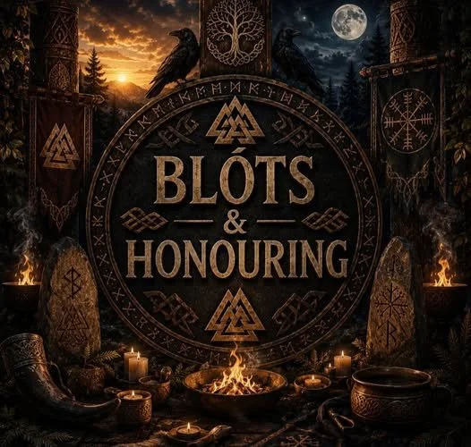 A dark, mystical scene with a central circular emblem reading "Blóts & Honouring" surrounded by runes and Viking symbols. The background features a sunset sky, trees, stone pillars with runes, and lit candles and fires, creating a Viking or Norse tribute atmosphere.