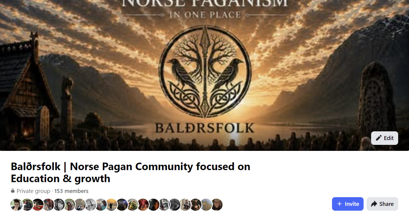 A graphic featuring a sunset or sunrise over mountains with a body of water in the foreground. There is a circular Norse pagan symbol with two ravens at the center. The text Reads "Norse Paganism in One Place" at the top and "BALDRFOLK" at the bottom.
