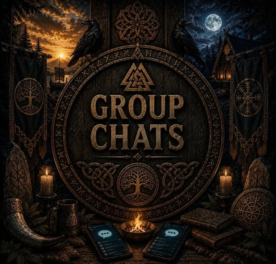 Dark, mystical scene featuring a large central shield with the words 'Group Chats' written on it, surrounded by Viking symbols, candles, raven statues, and Norse-themed decorations. Two smartphones with chat bubbles are placed at the bottom, under a small campfire.