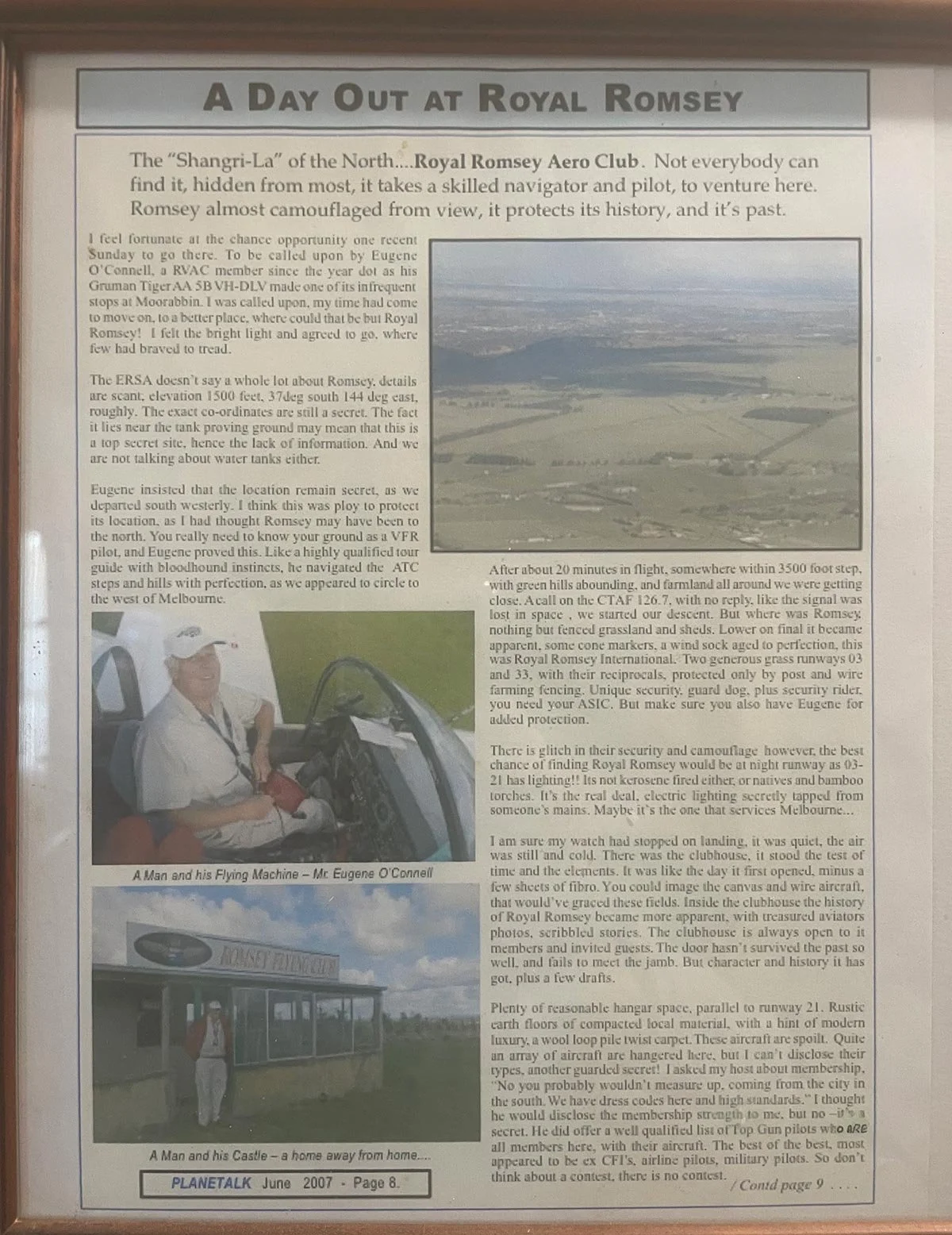 A newspaper article titled "A Day Out at Royal Romsey" with photos and text describing a flight experience at Royal Romsey Aero Club, including a picture of a pilot in a cockpit and an exterior photo of a small building with a sign that reads "Royal 