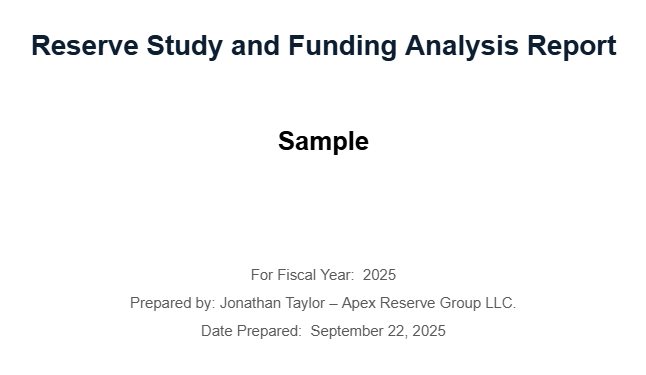 The cover page of a sample Reserve Study and Funding Analysis Report provided by Apex Reserve Group.
