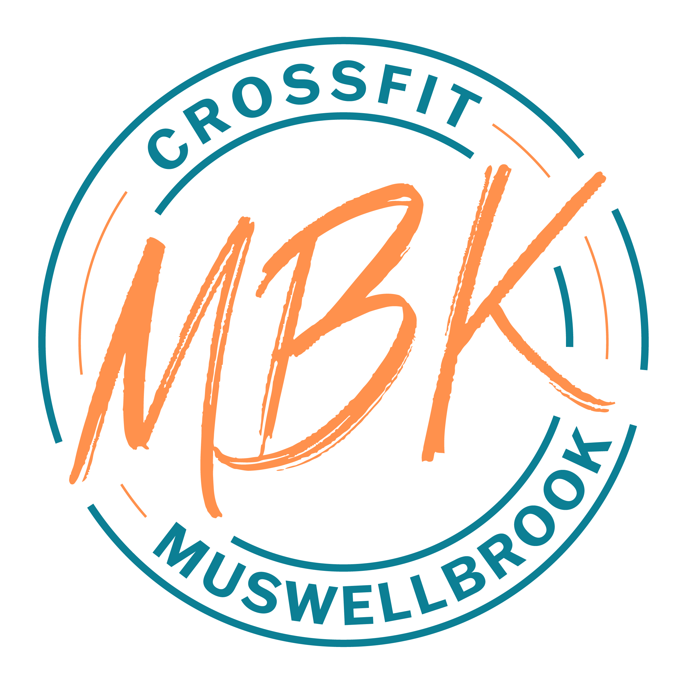 A logo for crossfit MUBK located in Muswellbrook with a black background. The text "MUBK" is in large, orange, brushstroke-style font in the center, with "Crossfit" arched above and "Muswellbrook" arched below in smaller, blue, uppercase letters, each enclosed within a circular outline.