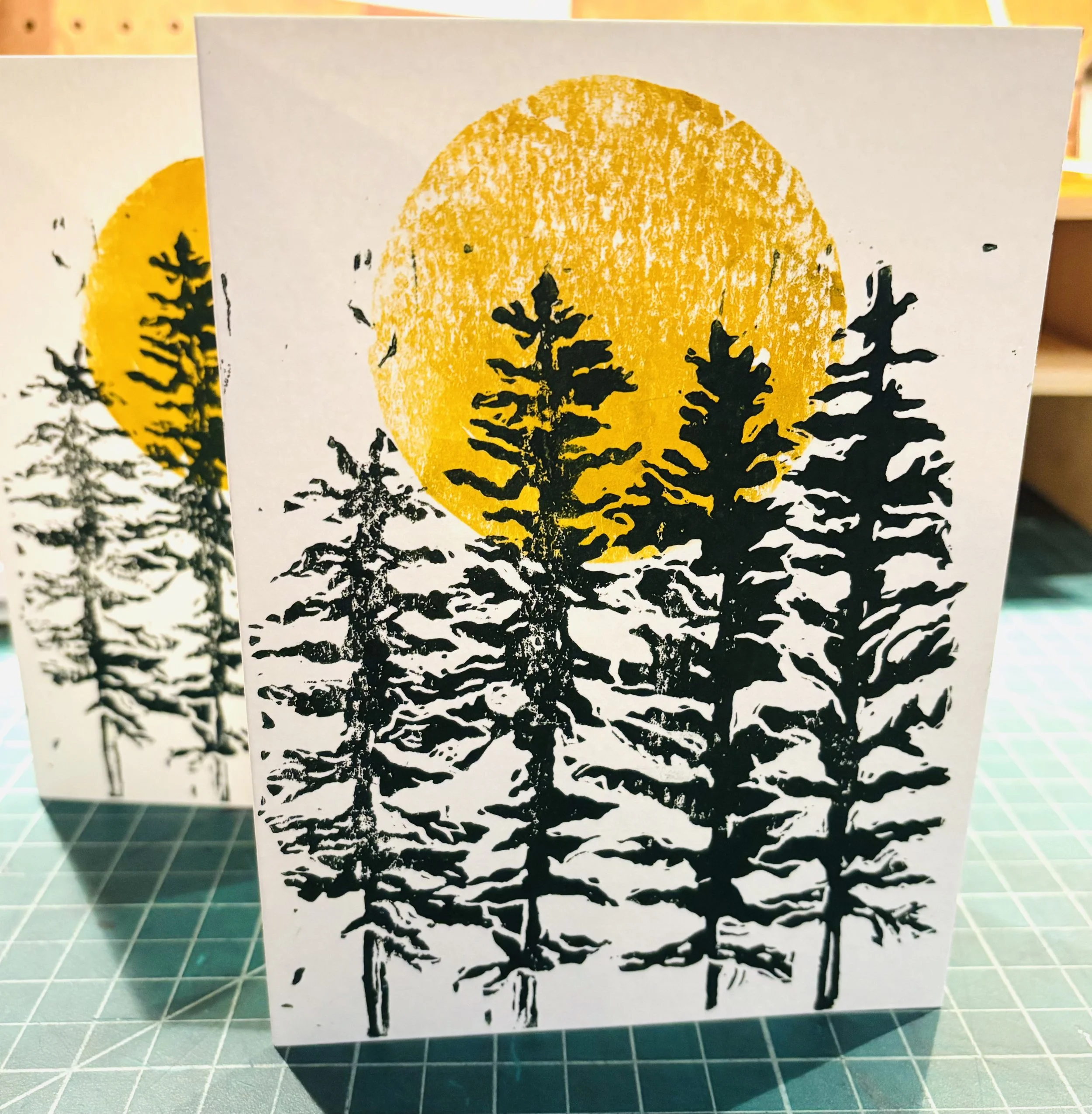 Trees with Sun 5x7 Block Print Card