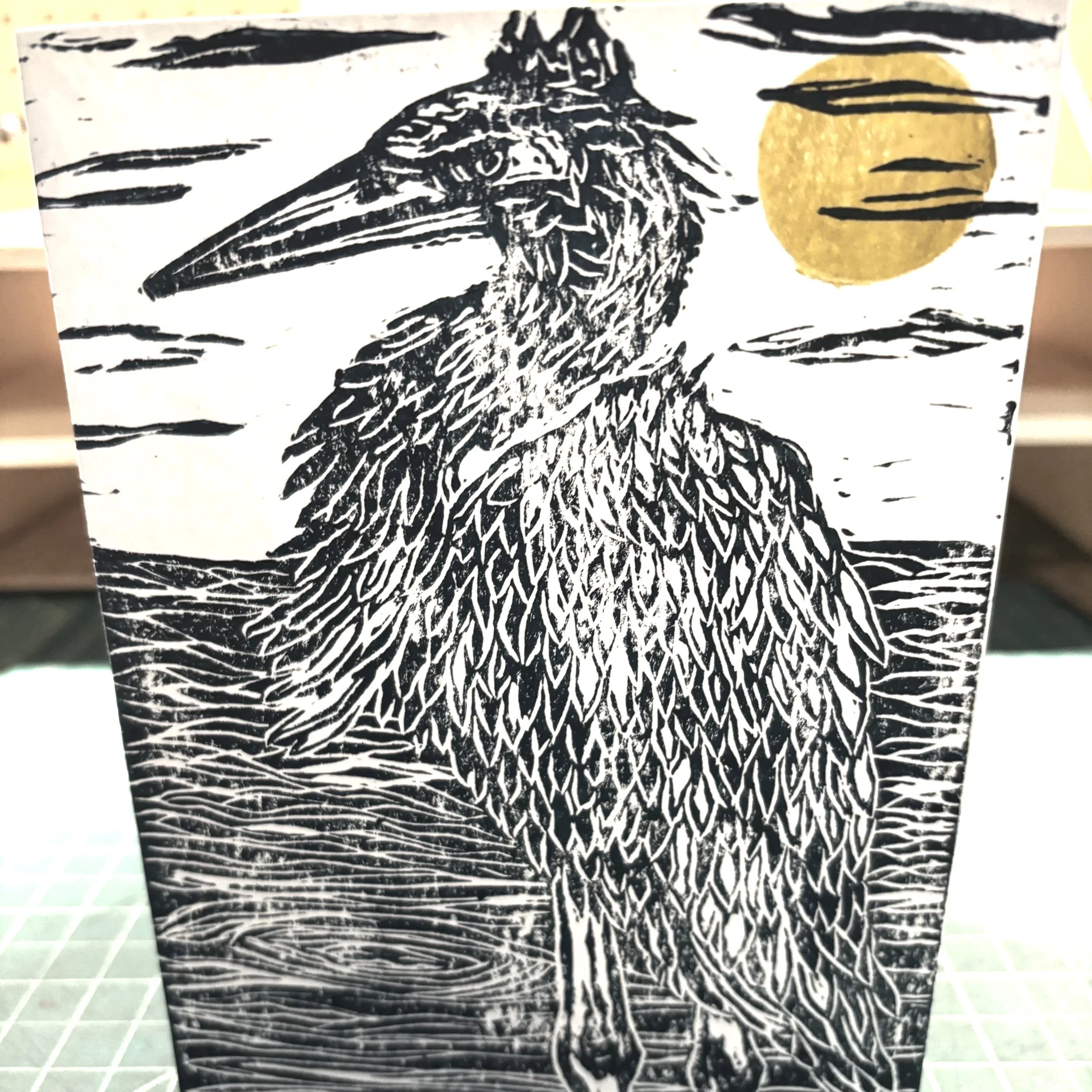 Heron 5x7 Block Print Card