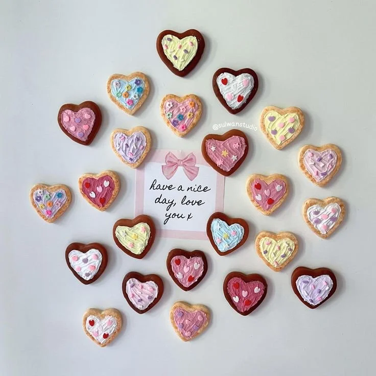 Heart frosted sugar cookies fridge magnet set, cute miniature food pastel kitchen decor, kawaii pink sprinkles galentines biscuit, lovecore.jpeg
