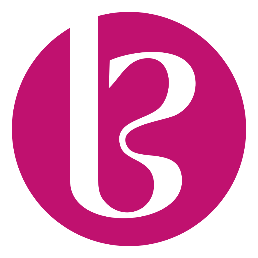 Pink circular logo with a black stylized letter 'b' in the center.