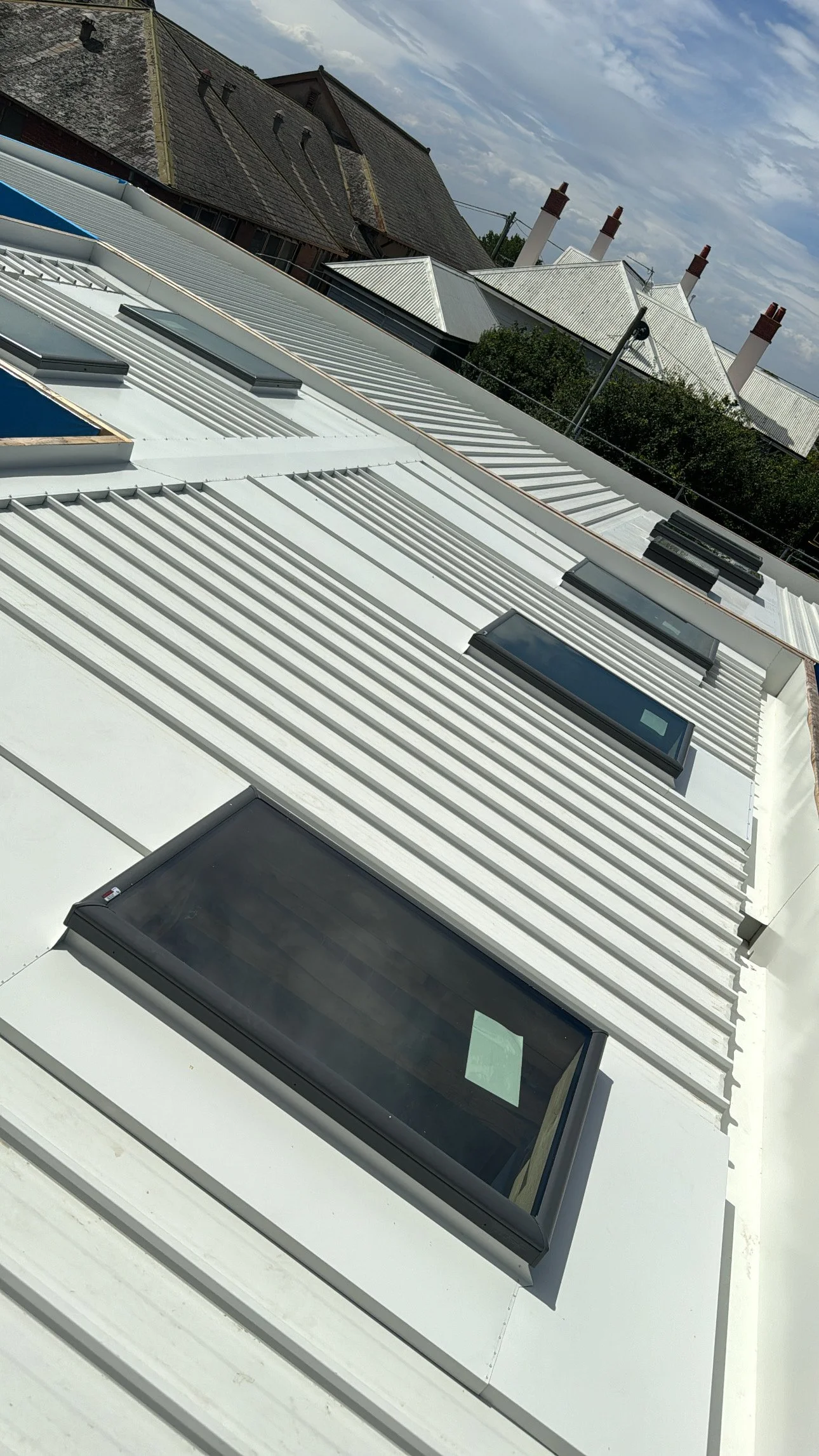 View of a white metal rooftop with several skylights and roof windows, with older brick and shingle rooftops and chimneys in the background under a partly cloudy sky.