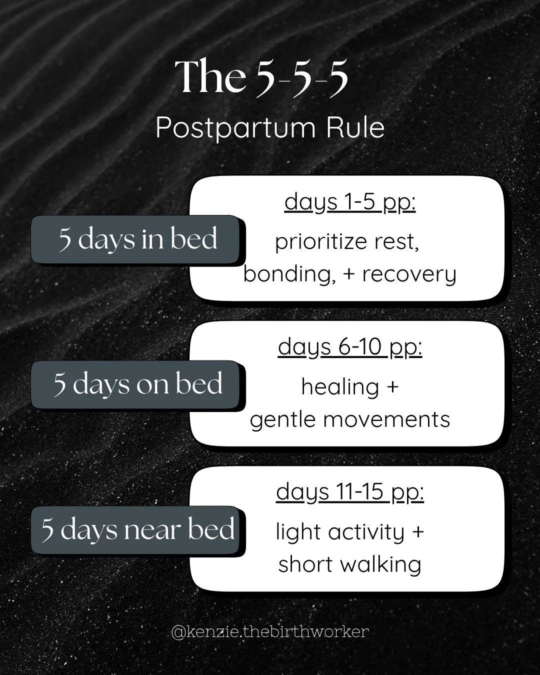 The 5-5-5 Postpartum Rule
-
Your reminder to slow down and let your body heal the way God designed it to.
-
First 5 days: In bed &mdash; rest, recover, bond.
Next 5 days: On the bed &mdash; move gently, let others serve you.
Last 5 days: Around the b
