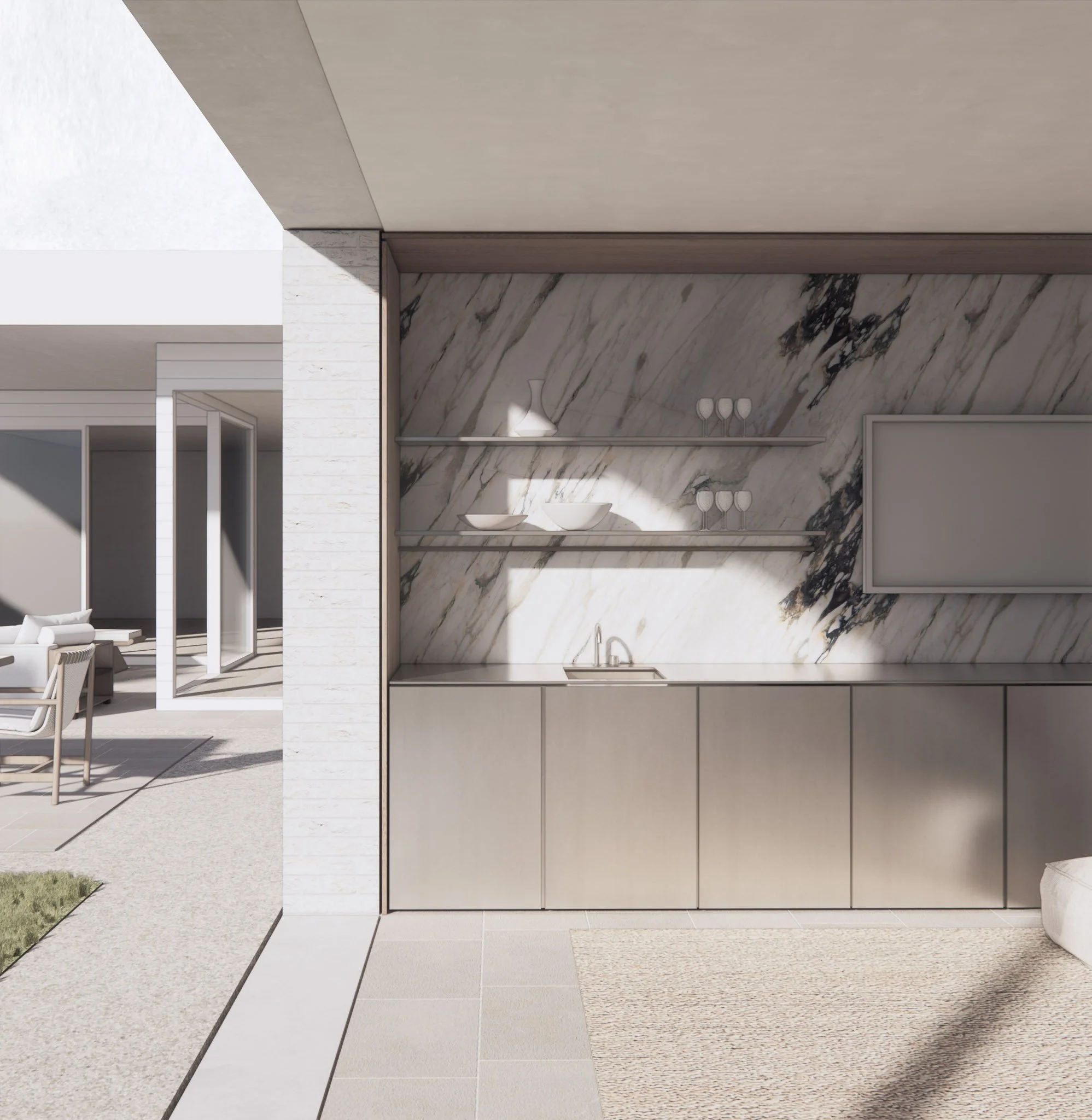 Modern outdoor kitchenette with marble backsplash, beige cabinets, open shelves with white dishes, in a contemporary outdoor living space.