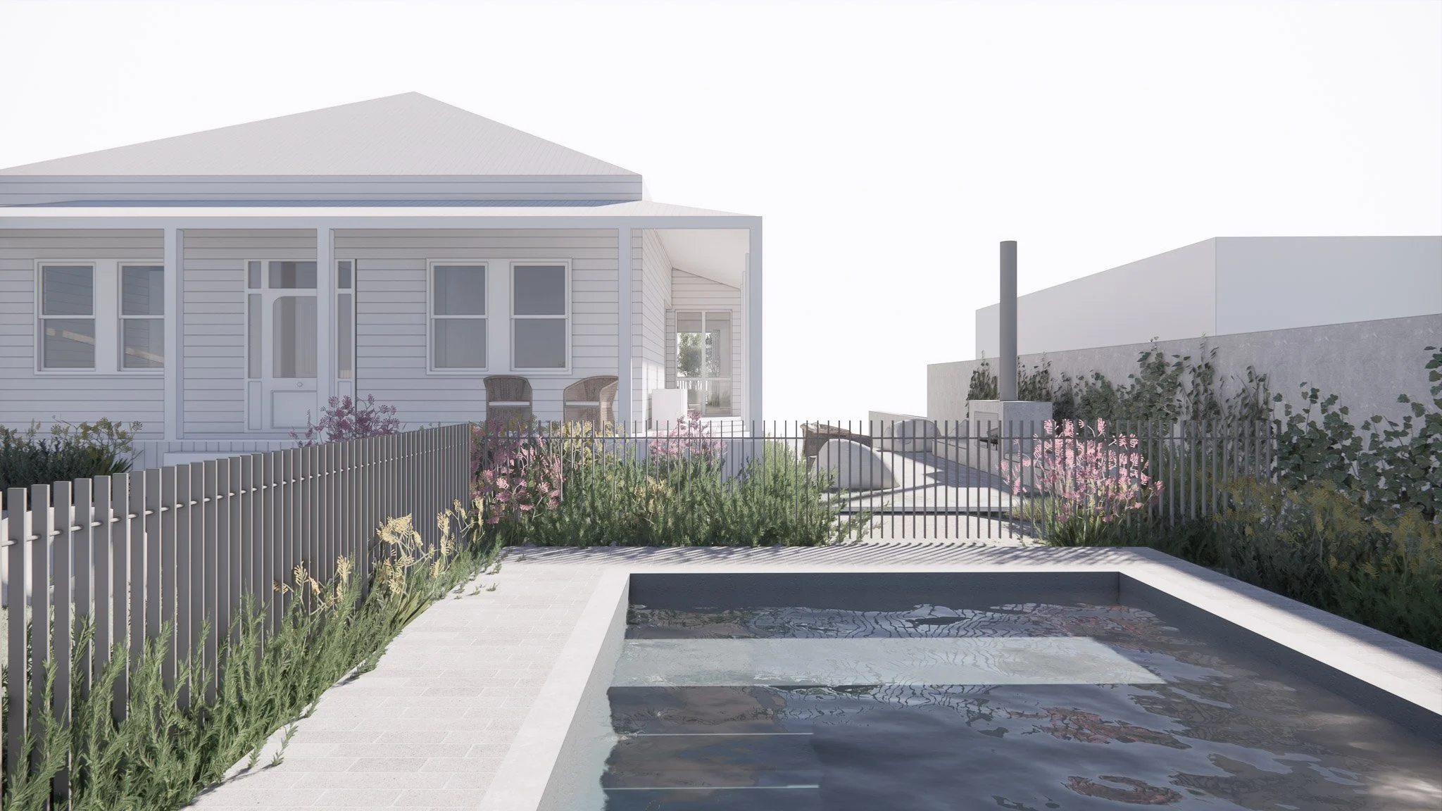 SAABA Residential Architecture firm Auckland - modern backyard with a small pool, garden, white fence, and a house with a porch and two chairs