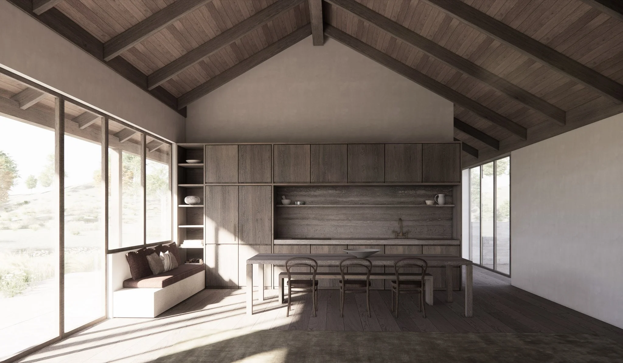 A modern living room with a built-in fireplace, wood storage, and large glass sliding doors leading to an outdoor patio. The room has a high, sloped wooden ceiling, light-colored walls, and a dark floor.